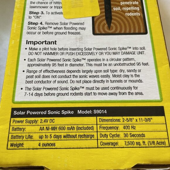 Sweeneys Solar Powered Mole & Gopher Sonic Spike - Picture 10 of 12